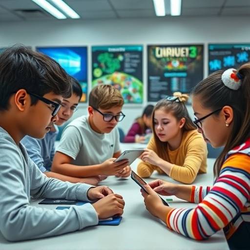 Gamification in Education: Students engaging with an interactive learning platform on tablets and computers, showcasing gamified elements like points, badges, and leaderboards.